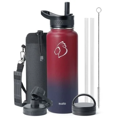 Buzio Trio Series Water Bottle with 3 Lids and Sleeve 1.2L - Ruby Red Navy